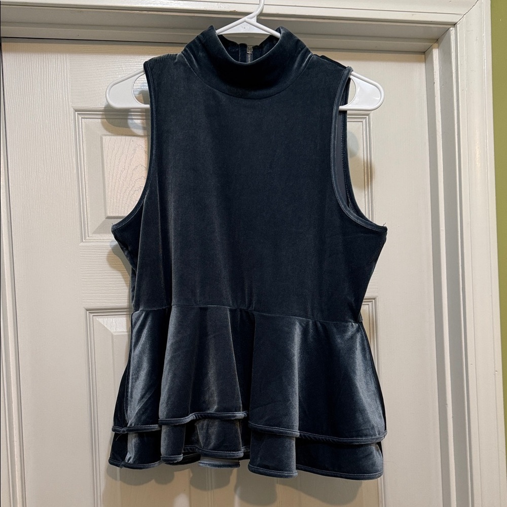 Torn by Ronny Kobo Velvet Peplum Mock Neck Top Sz L Back Zip